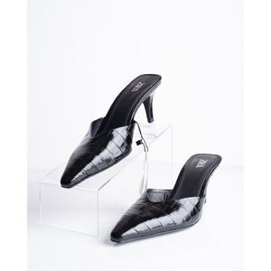Zara Womens Leather Mules Heels Black Croc Print US 8 EU 39 2230/310 NWT